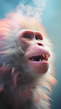 A monkey with its mouth open on a colorful background.