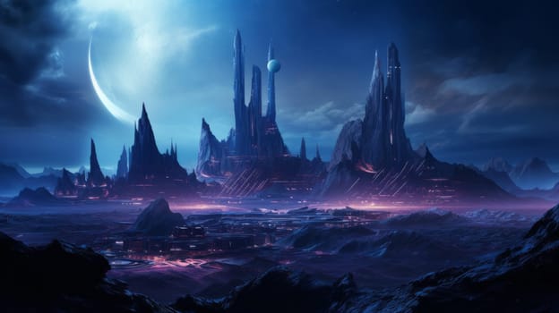 A futuristic city at night.