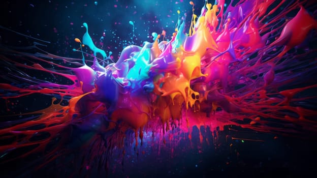 A vibrant and dynamic abstract painting on a dark backdrop.
