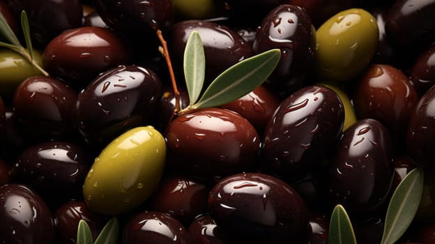 A stack of olives with a fresh leaf garnish.