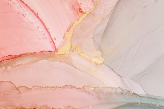 The artwork features a harmonious blend of pastel pinks, peachs, and blues, intertwined with shimmering gold lines, creating an elegant abstract expression.