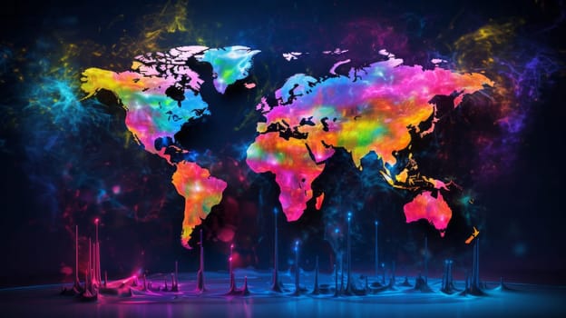 A vibrant world map against a dramatic black backdrop.