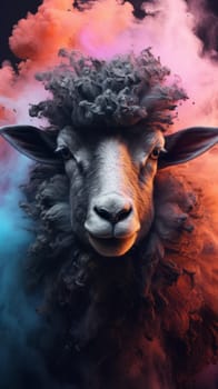 A black sheep surrounded by colored smoke.