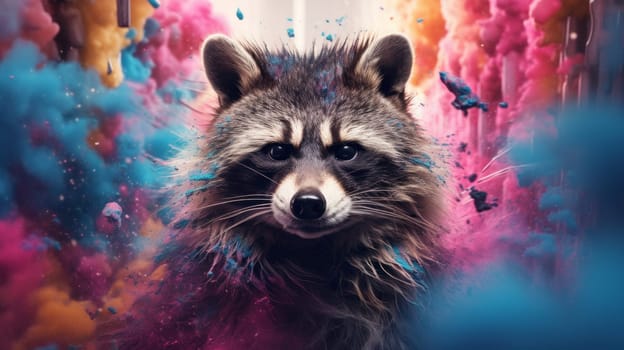 A raccoon standing in front of a vibrant backdrop.