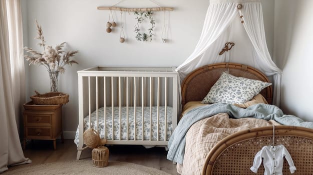 The nursery showcases a beautifully arranged crib next to a comfortable bed, both adorned with soft textiles and decorative plants, creating a calming atmosphere - Generative AI