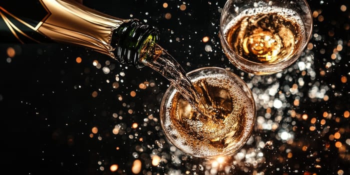Elegant champagne celebration with pouring bubbly in luxurious glasses.