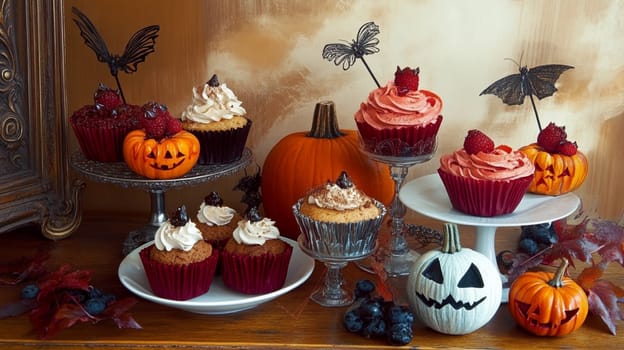 A table with Halloween themed desserts and decorations. The desserts include a cake with red frosting and blackberries, and a cupcake with red frosting and blackberries