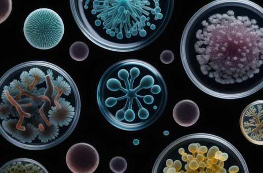 Different types of bacteria, molds and fungi in petri dishes