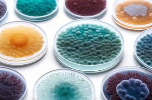 Different types of bacteria, molds and fungi in petri dishes