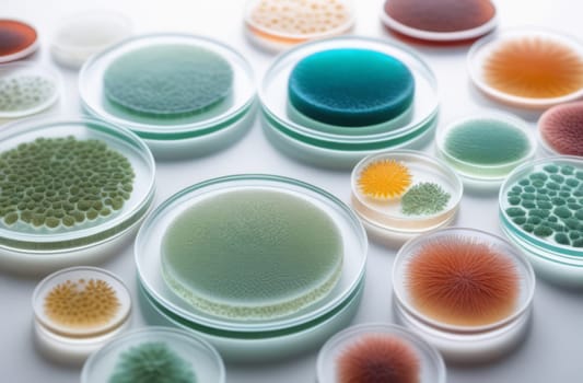 Different types of bacteria, molds and fungi in petri dishes