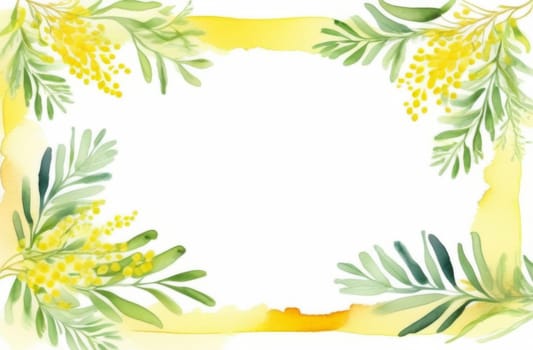 Watercolor spring mimosa on a white background Top view