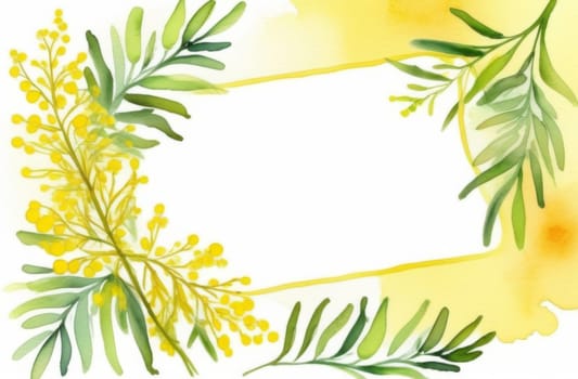 Watercolor spring mimosa on a white background Top view