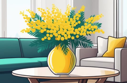 Bouquet of mimosa in a vase in an interior with a sofa