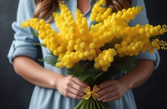 A woman in a blue dress holds a bouquet of mimosa in her hands