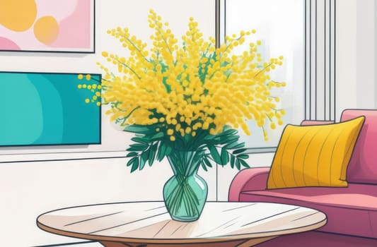 Bouquet of mimosa in a vase in an interior with a sofa