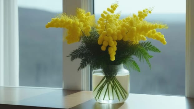 Bouquet of mimosa in a vase on the windowsill 8 March, Easter.