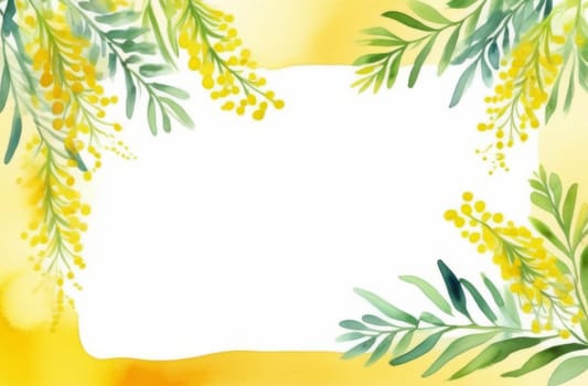 Watercolor spring mimosa on a white background Top view
