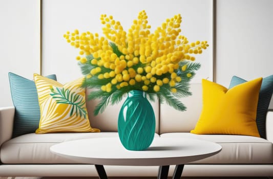 Bouquet of mimosa in a vase in an interior with a sofa