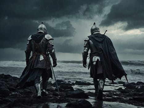 Two battered knights walk solemnly along a rocky beach as dark clouds gather above, with rough waves crashing against the shore and an ominous atmosphere enveloping them.