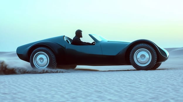 A sleek, futuristic car driving through a sandy desert landscape. The car has a streamlined design with large wheels, and a person is seated inside, navigating the terrain. The background features soft dunes and a pale sky, creating a serene atmosphere.