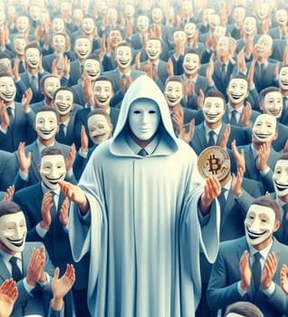 A man in a mask holding a Bitcoin coin. The man is surrounded by other people in masks