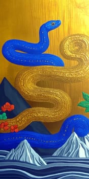 Abstract painting of a blue and gold snake slithering over mountains with a gold background, conveying a sense of power and mystique