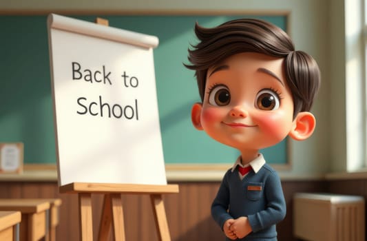 A boy at school stands at the blackboard Back to school
