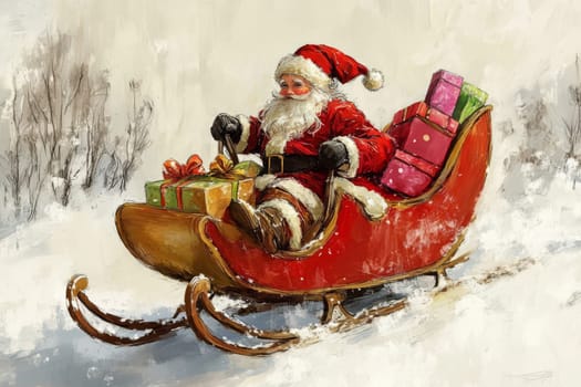 Santa Claus on a sleigh with gifts. Hand drawing