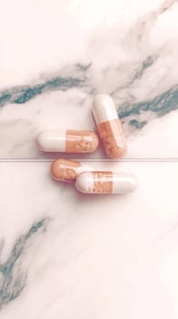 Four pills on a marble counter, hinting at medical use. Pastel colors create a calming background, perfect for health concepts