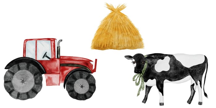Cute farm animal and tractor. Hand drawn cow, haystack and red tractor on isolated white background. Country style clip art. Ideal for educational cards and posters. High quality illustration