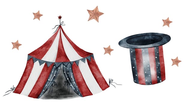 Circus cute set watercolor. Hand drawn circus tent and magician hat on isolated white background. Clip art of magic attributes. Ideal for posters in children's rooms and baby shower decorations