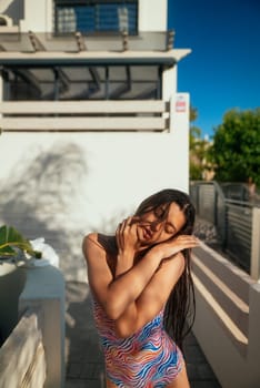 A vibrant and joyful moment captured outdoors, reflecting the true essence of summer spirit and relaxation by the pool