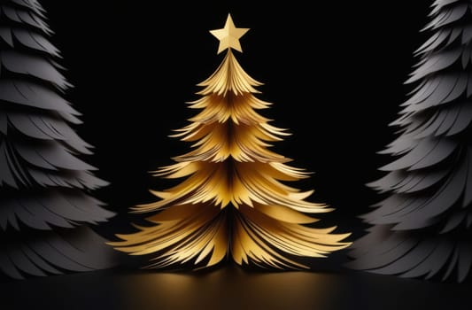 Golden cut out Christmas tree on a black background
