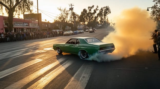 Powerful sports cars race through city streets at sunset, leaving a trail of smoke, thrilling spectators with high speed action
