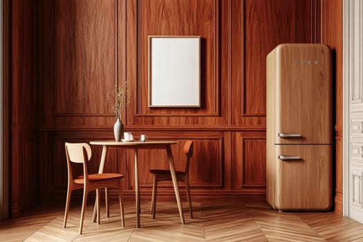 Modern, minimalist kitchen with an empty frame on a wooden wall, creating a cozy atmosphere with simple furniture and vintage decor