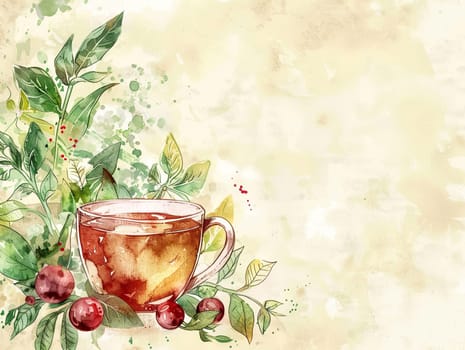 A steaming cup of herbal tea sits among vibrant green leaves and ripe berries, capturing a warm and inviting moment of nature's simplicity.