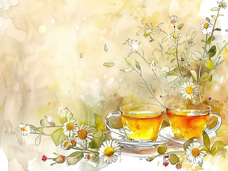 Two warm cups filled with herbal tea sit side by side, accompanied by blooming flowers, creating a serene atmosphere perfect for relaxation.
