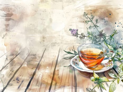 A clear teacup filled with amber herbal tea sits on a saucer beside fresh herbs, conveying tranquility amidst a soft, blurred background of textures and colors.