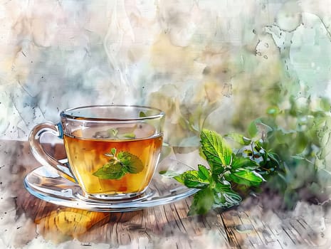 Freshly brewed herbal tea sits in a clear cup on a wooden table, surrounded by vibrant green mint leaves, suggesting a calm garden atmosphere.