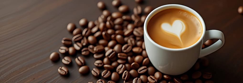 Top view of a cup of coffee standing among coffee beans. Banner.