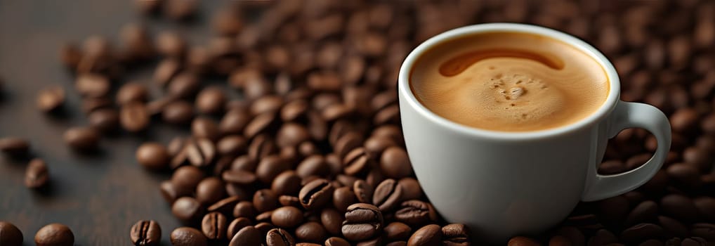 Top view of a cup of coffee standing among coffee beans. Banner.