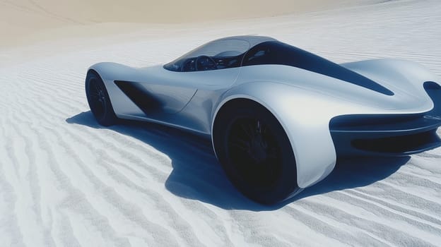 A futuristic car driving through a sandy desert landscape, kicking up dust. The vehicle features a sleek, modern design with a low profile and large wheels. Mountains are visible in the background under a clear sky.