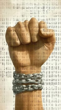 Powerful fist, adorned with intricate patterns, is breaking free from heavy chains, symbolizing the struggle for freedom and equality