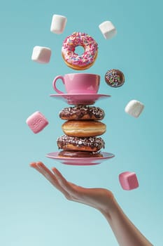 Hand holding a cup and saucer with floating donuts and marshmallows above it on a blue background. This whimsical image is perfect for advertising or social media