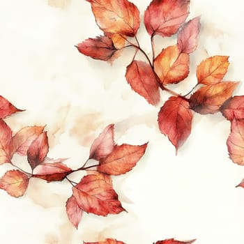 Autumn leaves in rich hues of red and orange are delicately arranged on a light background, capturing the essence of the fall season in a tranquil manner.