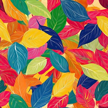 A colorful arrangement of autumn leaves with vivid shades of orange, pink, blue, and purple lies on a dark backdrop, showcasing the beauty of nature\'s transition.