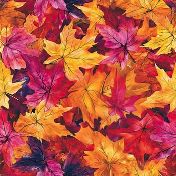A variety of autumn leaves cover the ground, displaying a beautiful mix of orange, yellow, and red hues. The rich colors highlight the beauty of the fall season.