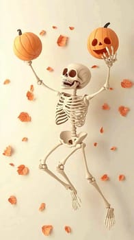 3d rendering of a human skeleton jumping for joy while holding pumpkins in the air as autumn leaves fall to the ground