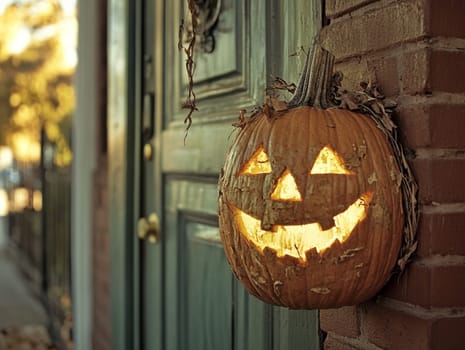 Halloween pumpkin lantern with a carved face illuminating the entrance of a house