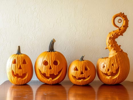 Four carved pumpkins are sitting on a table, showing off their spooky halloween faces